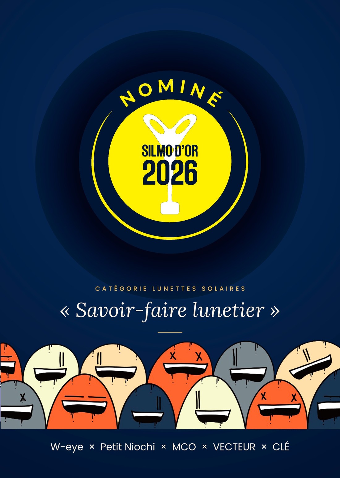 Affiche de la nomination au Silmo d'Or 2026, catégorie lunettes solaires, mention savoir-faire lunetier.